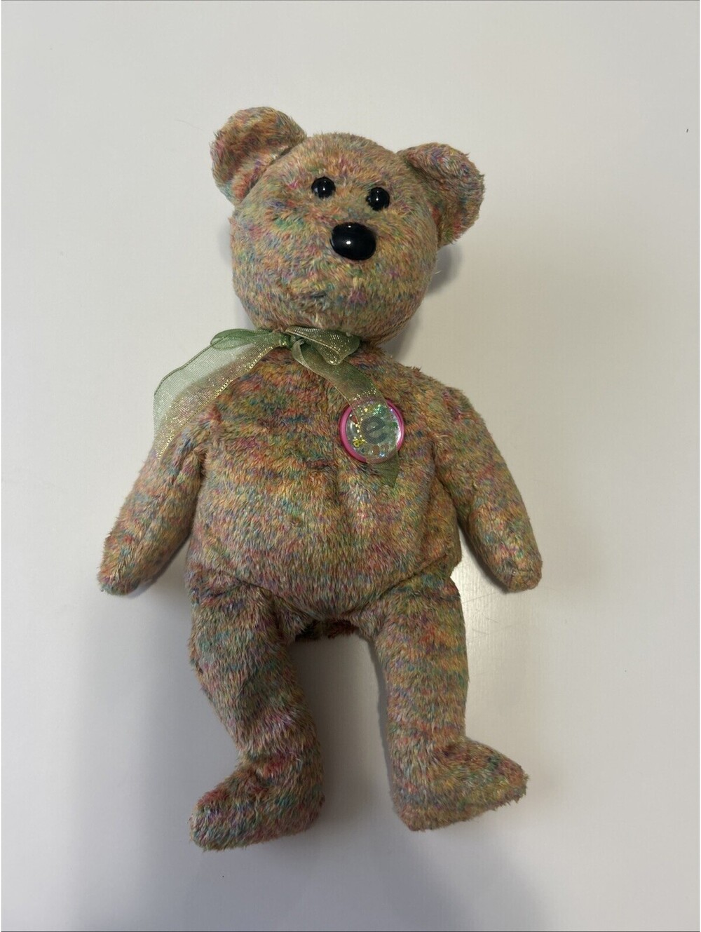 Speckles TY beanie Baby 2000. Multi Colored With Green&Gold Ribbon. Gently Used